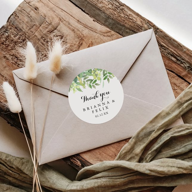 Greenery Botanical Thank You Wedding Favour Classic Round Sticker (Creator Uploaded)