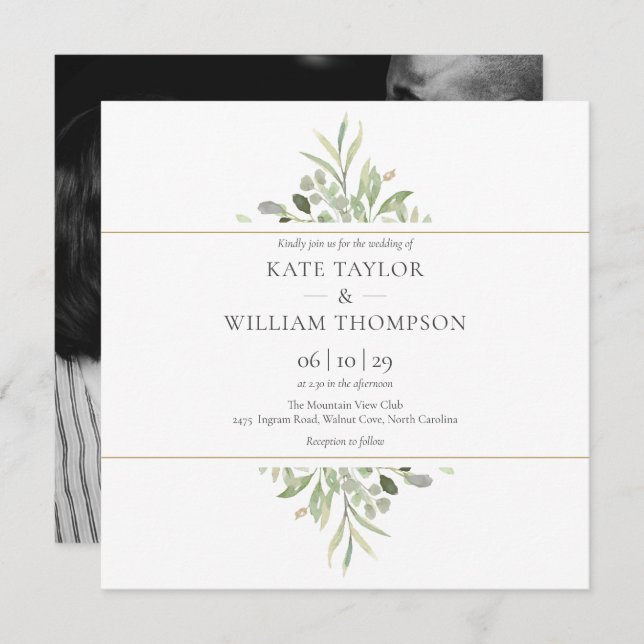 Greenery Botanical Watercolor Photo Wedding Invita Invitation (Front/Back)