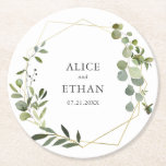 Greenery Botanical Wedding Round Paper Round Paper Coaster<br><div class="desc">Modern coaster features greenery leaves on geometric frame.</div>
