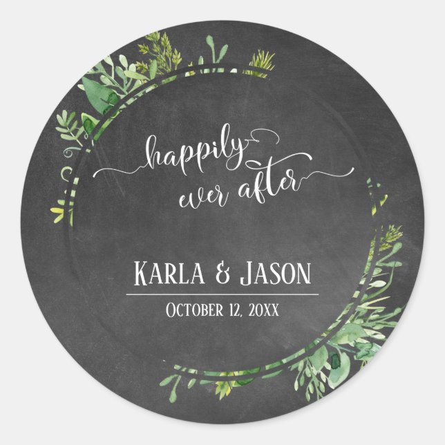 Greenery Bouquet Happily Ever After Chalkboard Classic Round Sticker (Front)
