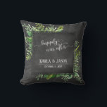 Greenery Bouquet Happily Ever After Chalkboard Throw Pillow<br><div class="desc">Over a textured chalkboard background, I've added a messy artistic bouquet of watercolor greenery sprays. The centre was covered in a bordered chalkboard square that makes a perfect frame for the happy couple's personal details. The template placeholders were set up for names and date, which can be changed as you...</div>
