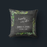 Greenery Bouquet Happily Ever After Chalkboard Throw Pillow<br><div class="desc">Over a textured chalkboard background, I've added a messy artistic bouquet of watercolor greenery sprays. The centre was covered in a bordered chalkboard square that makes a perfect frame for the happy couple's personal details. The template placeholders were set up for names and date, which can be changed as you...</div>