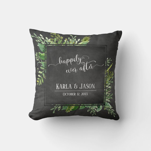 Greenery Bouquet Happily Ever After Chalkboard Throw Pillow (Front)