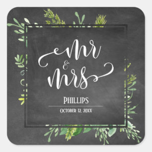Greenery Bouquet Mr & Mrs Typography Chalkboard Square Sticker