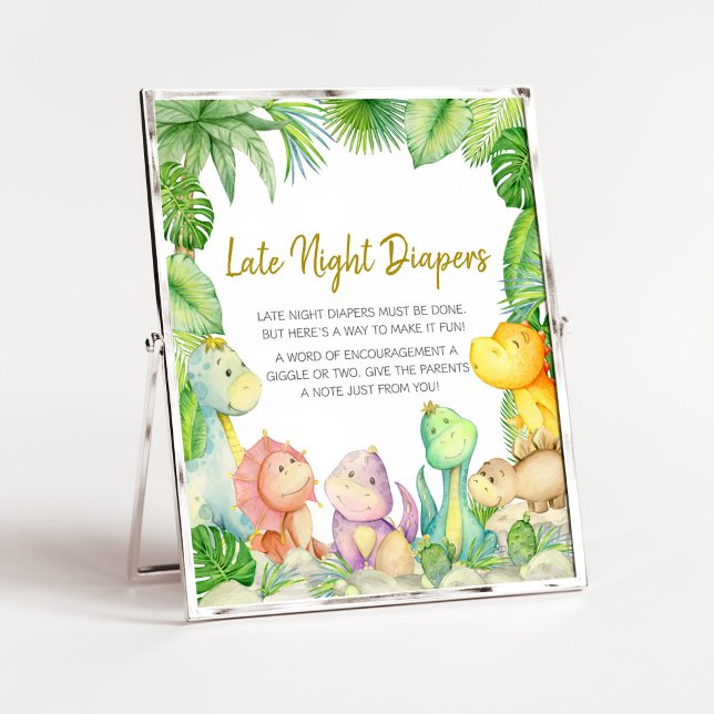 Greenery Boy Dinosaur Baby Late Night Diapers Poster (Rawr! It's a Boy Dino Baby Shower Late Night Diapers Sign)