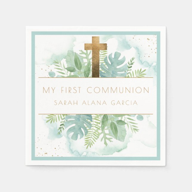 Greenery Boy/Girl First Communion Blue Mint Napkin (Front)