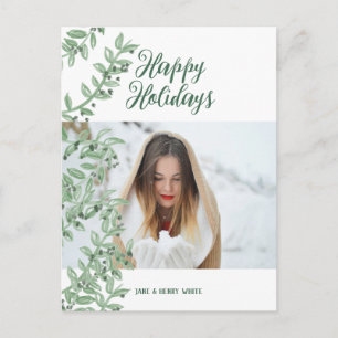 Greenery Branch Script Letters Personalized Photo Holiday Postcard