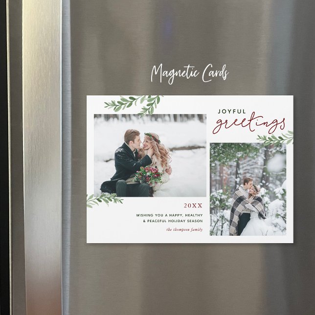 Greenery Branches 2 Photo Magnetic Holiday Card (Creator Uploaded)