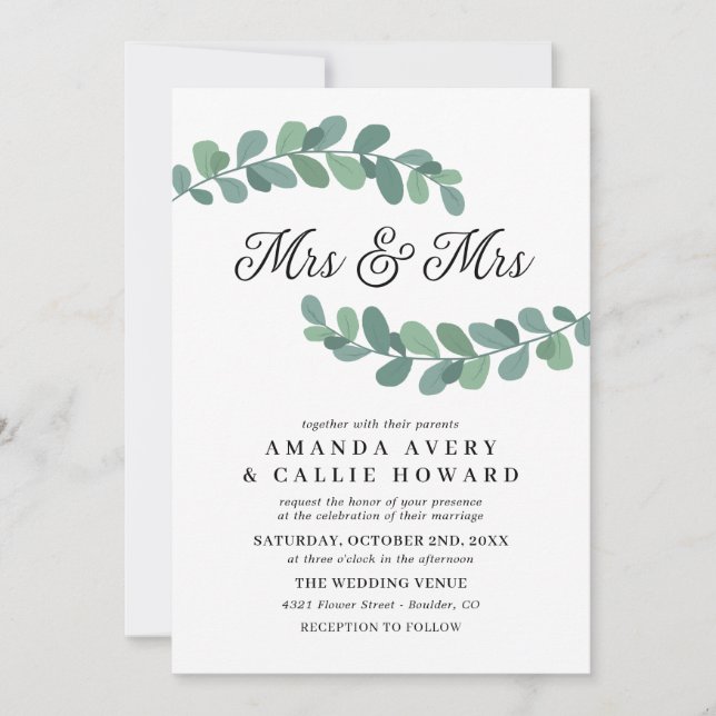 Greenery Branches Mrs & Mrs Wedding Invitation (Front)