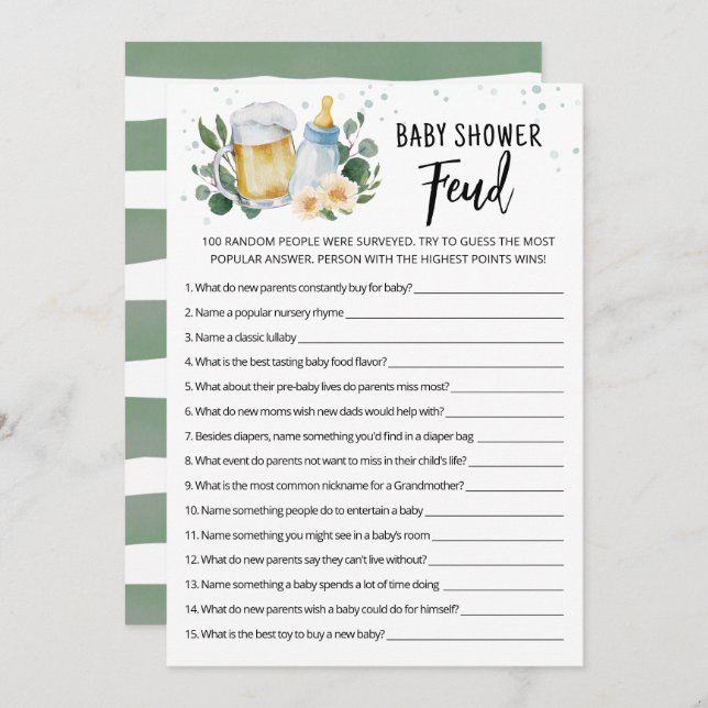 Greenery Brewing Baby Shower Feud Game Card (Front/Back)