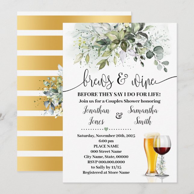 Greenery Brews and Wine Couples Shower  Invitation (Front/Back)