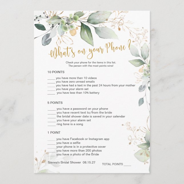 Greenery Bridal Game What's on Your Phone Card (Front)