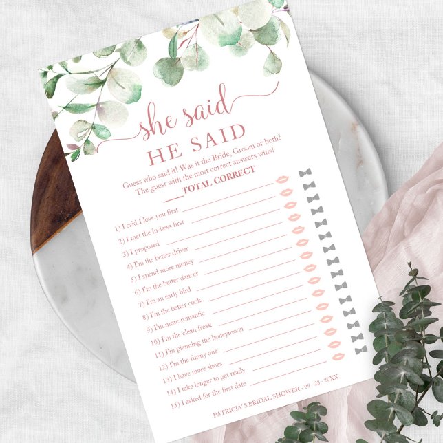Greenery Bridal Shower He Said She Said Game Flyer (Creator Uploaded)