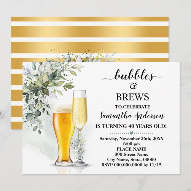 Greenery Bubbles and Brews Adults Birthday Invitation (Front/Back)