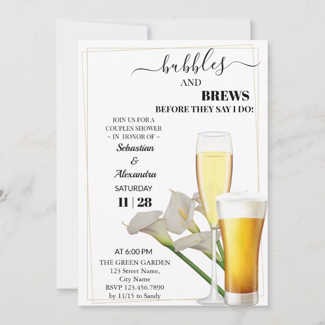 Greenery Bubbles and Brews Couples Shower Invitati Invitation (Front)