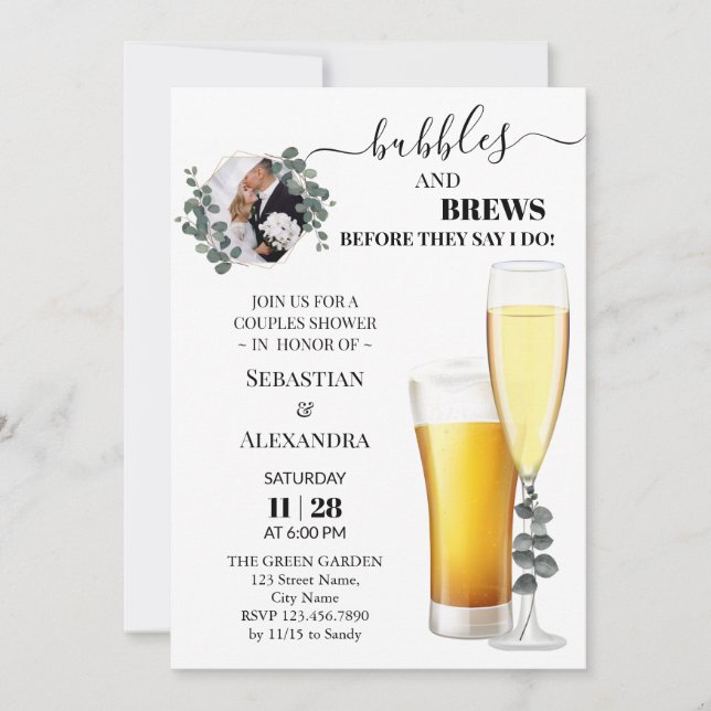 Greenery Bubbles and Brews Couples Shower Invitati Invitation (Front)