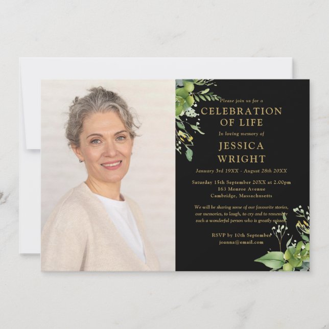 Greenery Celebration Of Life Funeral Photo Invitation (Front)