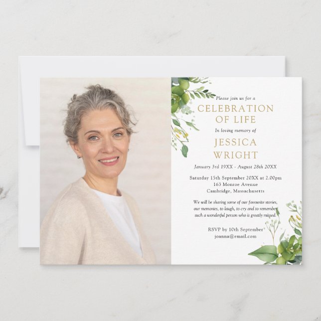 Greenery Celebration Of Life Funeral Photo Invitation (Front)