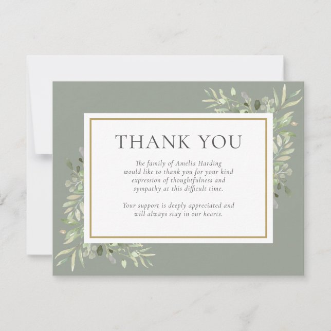 Greenery Celebration Of Life Funeral  Photo  Thank You Card (Front)