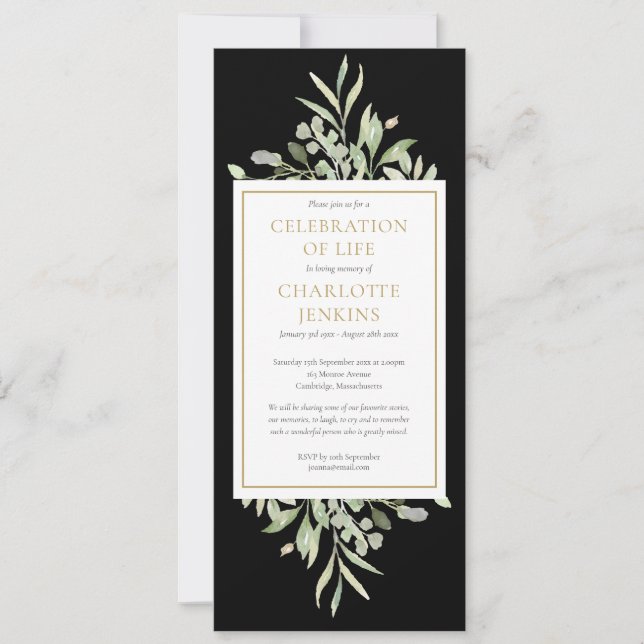 Greenery Celebration of Life Funeral Service  Invi Invitation (Front)