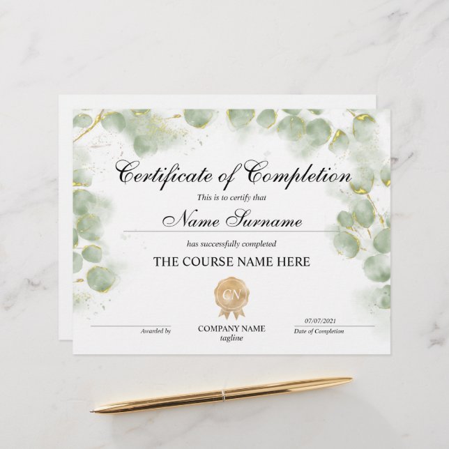 Greenery Certificate of Completion Award Course  (Front/Back In Situ)