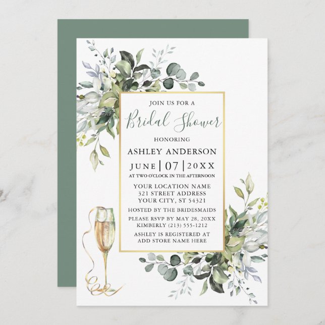 Greenery Champagne Glass Sage Green Bridal Shower Invitation (Front/Back)