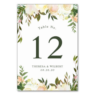 Greenery Chic Watercolor Ivory Floral Wedding Table Number