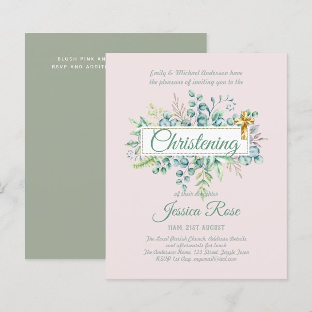 Greenery Christening Invites Baptism Bautizo Leafy (Front/Back)