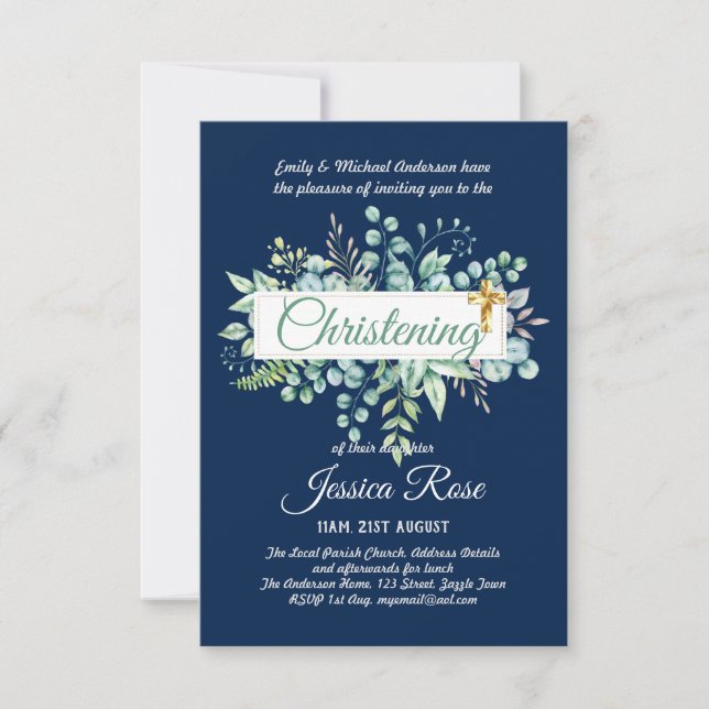 Greenery Christening Invites Baptism Bautizo Leafy (Front)