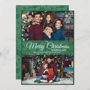 Greenery Christmas Holly Leaf Green Frame 2 Photo Holiday Card