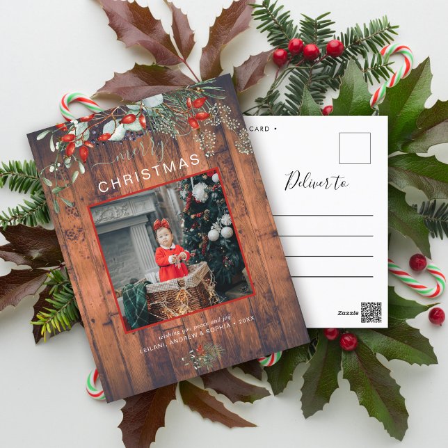 Greenery Christmas Photo Watercolor Rustic Wood Holiday Postcard (You will love these beautiful Christmas cards! They feature botanical watercolor pine and berries.)