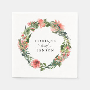 Greenery Coral Floral Personalized Paper Napkins