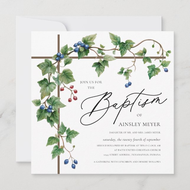 Greenery Covered Cross Baptism Christening Invitation (Front)