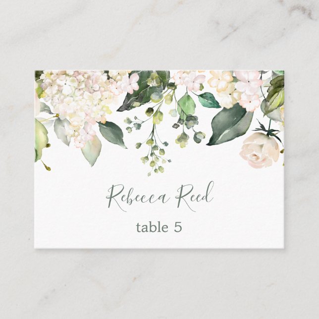 Greenery, cream hydrangea & roses table place card (Front)