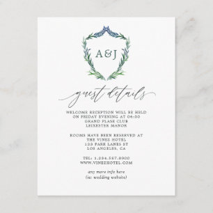 Greenery Crest Monogram Wedding Guest Details Enclosure Card