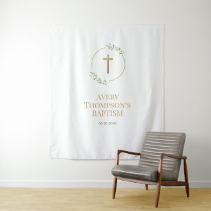 Greenery Cross Baptism backdrop Personalized Tapestry