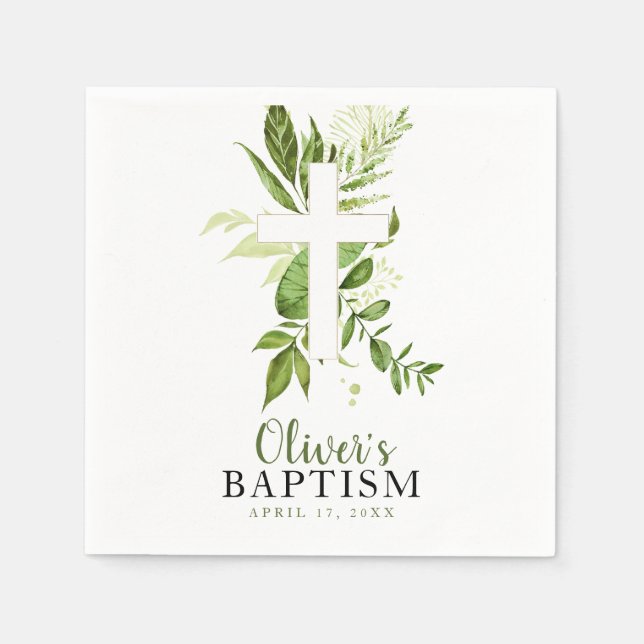 Greenery Cross Boy Baptism Napkin (Front)
