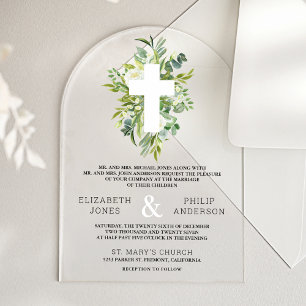 Greenery Cross Catholic Wedding Acrylic Invitations