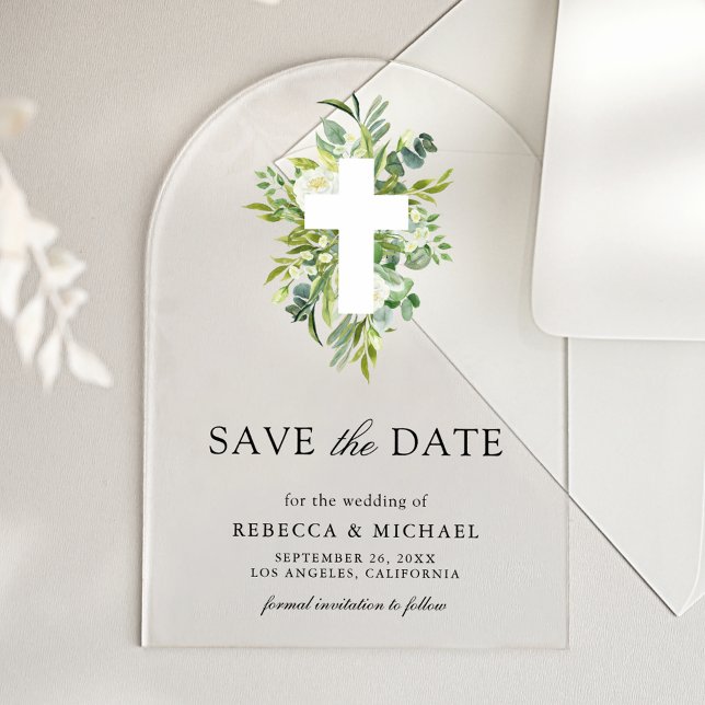 Greenery Cross Catholic Wedding Save the Date Acrylic Invitations (Creator Uploaded)