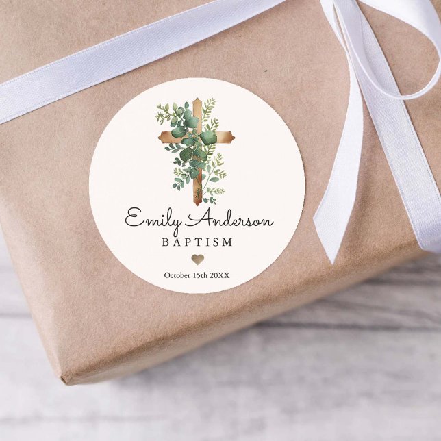 Greenery Cross Minimalist Eucalyptus  Classic Round Sticker (Creator Uploaded)