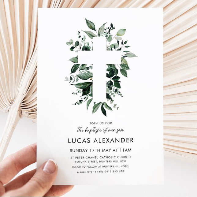 Greenery Cross Modern Baptism Christening Botanica Invitation (Creator Uploaded)