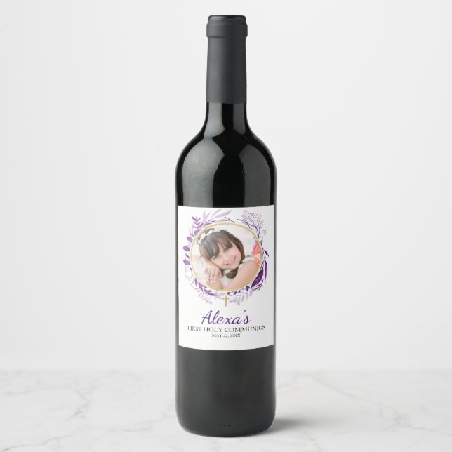 Greenery Cross Purple Photo Wine Bottle Label (Front)