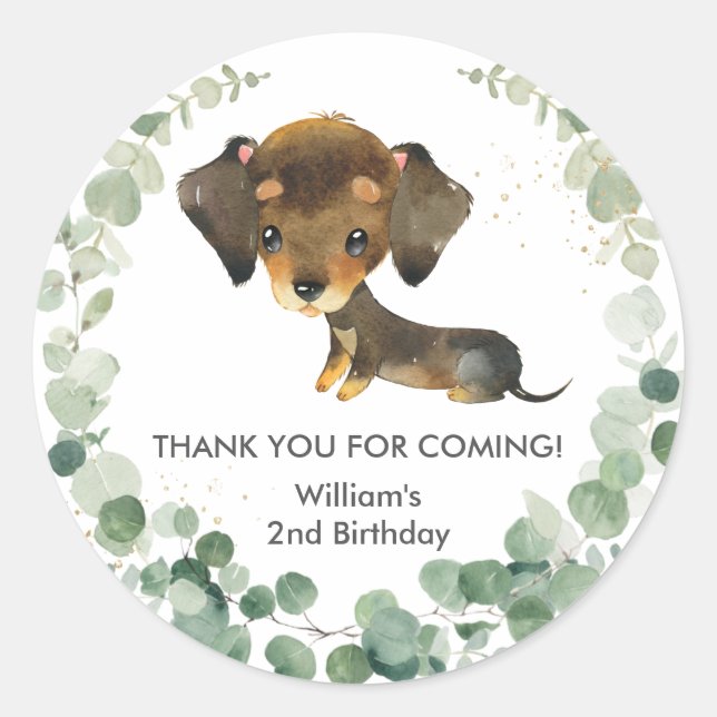 Greenery Cute Dachshund Puppy Dog Birthday Favour Classic Round Sticker (Front)