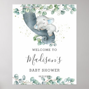 Greenery Cute Elephant Boy Baby Shower Welcome Poster