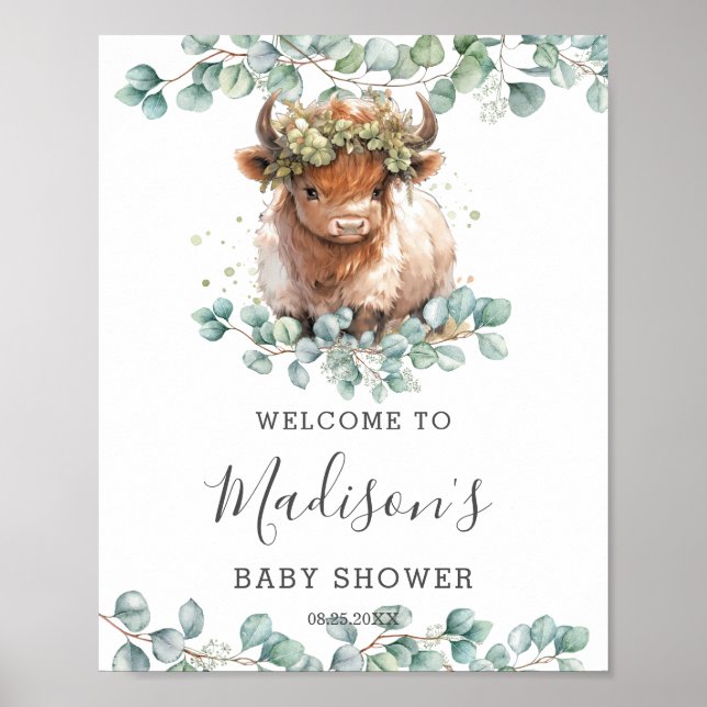 Greenery Cute Highland Cow Baby Shower Welcome  Poster (Front)