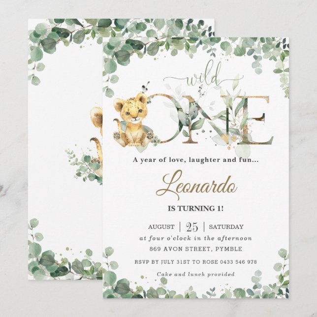 Greenery Cute Lion Cub Boy1st Birthday Wild One Invitation (Front/Back)