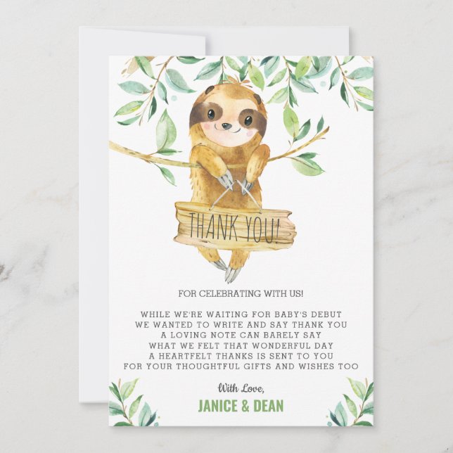 Greenery Cute Sloth Baby Shower Boy Thank You Card (Front)