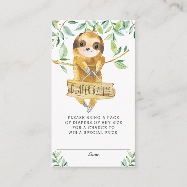 Greenery Cute Sloth Baby Shower Diaper Raffle Enclosure Card (Front)