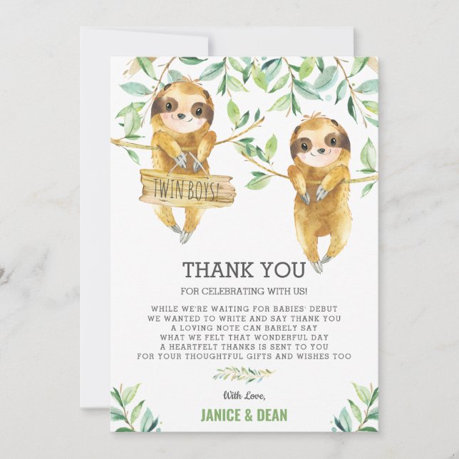 Greenery Cute Sloth Baby Shower Twin Boys Thank You Card (Front)