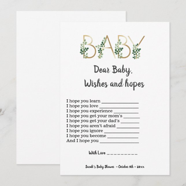 Greenery Dear Baby Hope Wishes Baby Shower Game  Invitation (Front/Back)